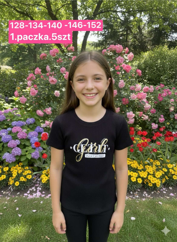 Bluzki dziewczęce Roz 128-164, 1 kolor Paczka 5 szt